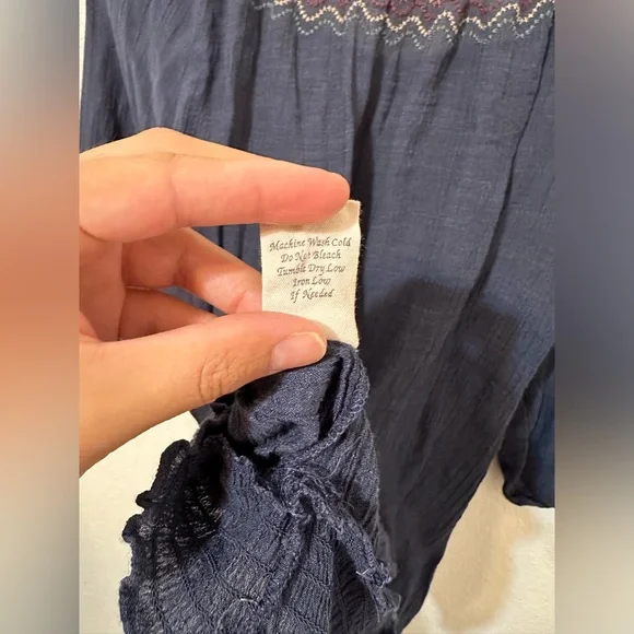 EDGE Embroidered Navy Off The Shoulder Peasant Blouse Top - Picture 6 of 6